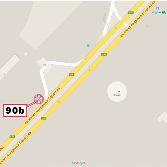 Схема рекламной плоскости по адресу Глушкова Ак. просп., 10, (ст м. Иподром, дельфинарий "Немо", АЗС "Золотой гепард"), в направ. Выставочного центра