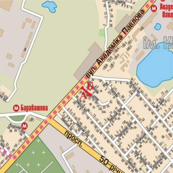 Схема рекламной плоскости по адресу Павлова Ак. ул., 112, (на светофоре), (ТЦ "Барабашово", шиномонтаж, 300м. к ст. м .Академика Барабашова, Дисконт-Центр Adidas/Reebok), направл. в центр