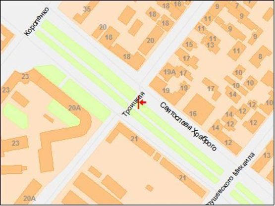 Схема рекламної площини за адресою Святослава Храброго ул., 21 - Красная ул., в центр