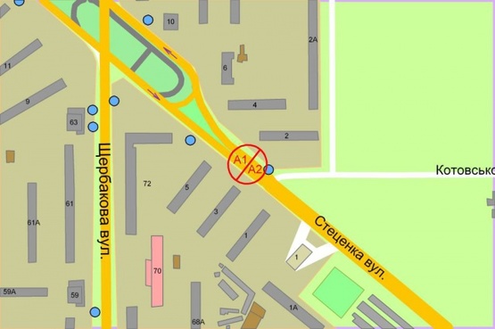 Схема рекламної площини за адресою Стеценко ул., 4 (Интернациональная пл.) разделитель по ходу из центра к  Интернациональной пл.