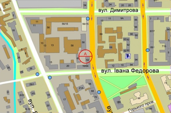 Схема рекламной плоскости по адресу Антоновича (Горького),  62  ( за 50 м до перекрёстка с ул.Ивана Фёдорова )