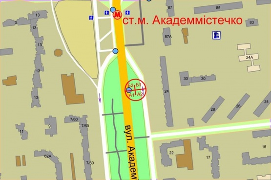 Схема рекламной плоскости по адресу Палладина проспект, 24 (М"Академгородок", на зелёной зоне)