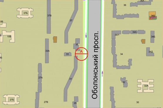 Схема рекламной плоскости по адресу Оболонський проспект, 33  (Dream Town II), рух до М"Мінська"
