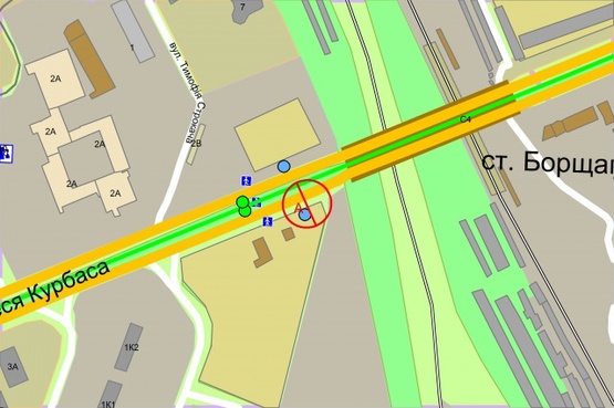 Схема рекламной плоскости по адресу Леся Курбаса проспект 1А , перед зализничним мостом по ходу до центру