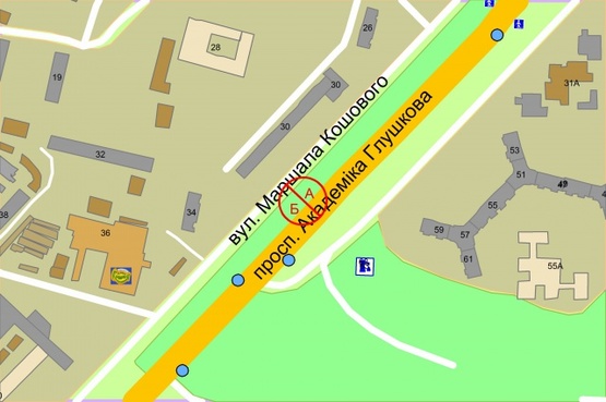 Схема рекламної площини за адресою Глушкова Академіка проспект, 30 (рух на виїзд із Киева)