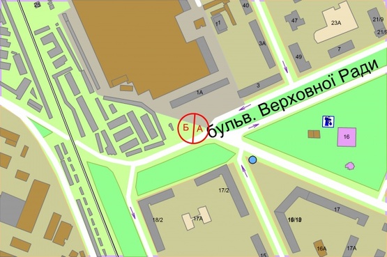 Схема рекламной плоскости по адресу Верховної Ради бульвар 1А / Миру проспект  (світлофор)