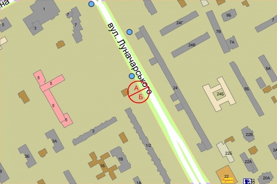 Схема рекламной плоскости по адресу вул. Митрополита Андрея Шептицького (Луначарського), 24 напроти