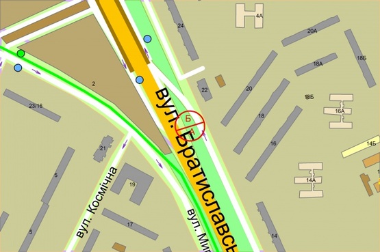 Схема рекламной плоскости по адресу Братиславська, 20 (розподілювач), рух до Броварського проспекту, ліворуч