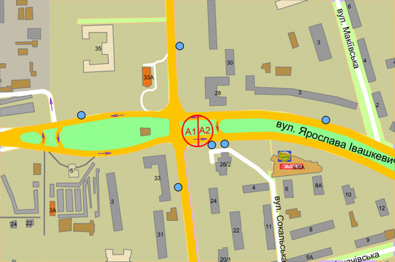 Схема рекламной плоскости по адресу Івашкевича Ярослава /  Вишгородська, (розподілювач) рух в напрямку проспекту Правди