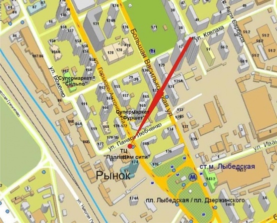 Схема рекламної площини за адресою Ул.Горького (Антоновича)/Любченко(А)призма3 ТЦ Окен Плаза