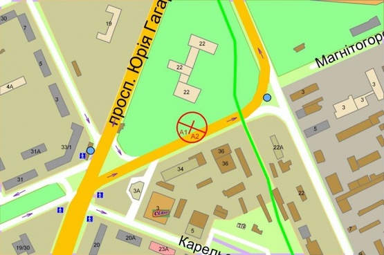 Схема рекламной плоскости по адресу Гагарина Юрия проспект / бул. Верховного Совета выезд на Красногвардейскую по ходу к (М) "Черниговская"