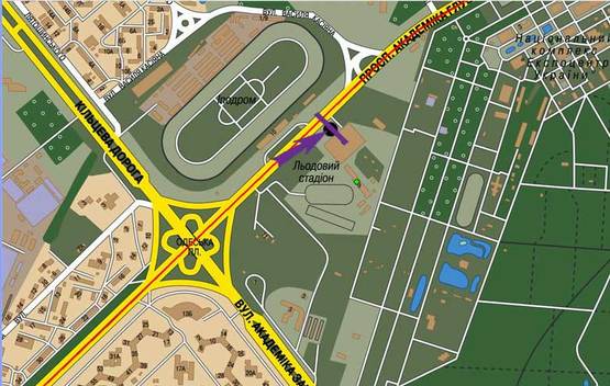 Схема рекламной плоскости по адресу вул. Глушкова, 9,  Льодовий стадіон, на світлофорі, у напр. центру