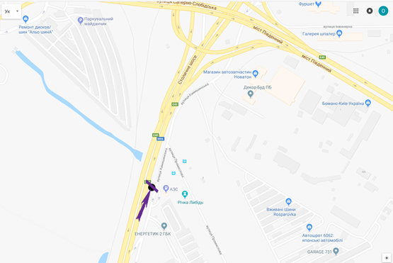 Схема рекламной плоскости по адресу Столичне шосе, 200 м в’їзд на Південний міст, навпроти АЗС ТНК, напр. в центр