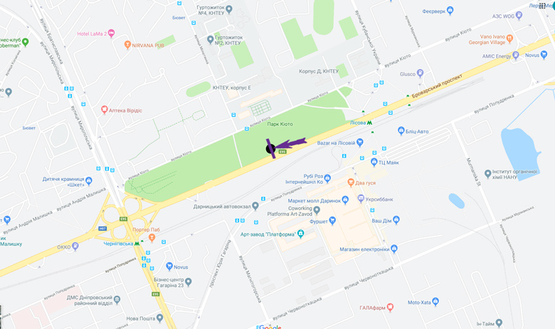 Схема рекламної площини за адресою пр. Броварський,  навпроти вул. Кіото, 19, КНТЕУ, напрямок в центр