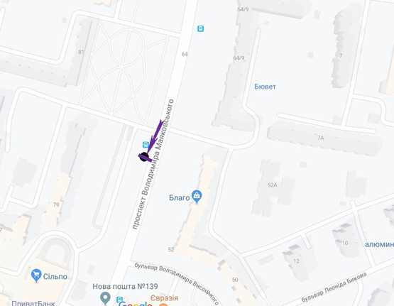 Схема рекламної площини за адресою пр. Маяковського, 79 біля Білли, у напрямку пр. Ватутіна