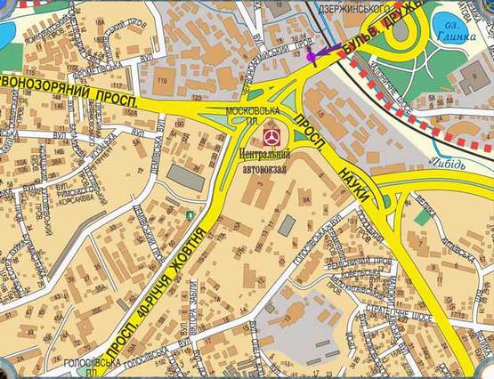 Схема рекламной плоскости по адресу бульв. Дружби Народів, Центральний Автовокзал, у напрямку Московської пл.