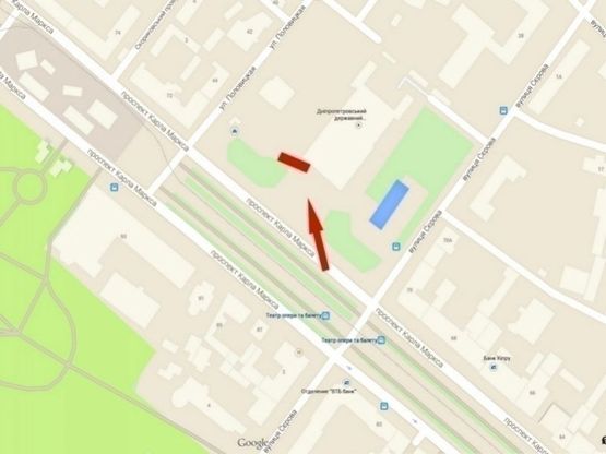 Схема рекламной плоскости по адресу пр-т. Д. Яворницького, оперний театр, призма/пр. К. Маркса, Оперный театр, центр города, призма