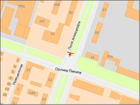 Схема рекламной плоскости по адресу пр.О.Поля, 52 на розподілювачі/пр. Кирова, 52 на разделителе, светофор, транспортная развязка, автосалон, супермаркет