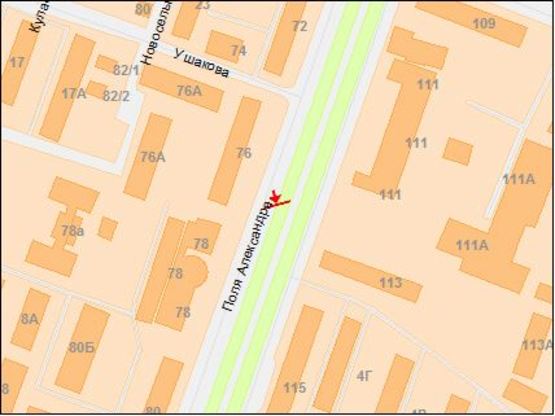 Схема рекламной плоскости по адресу пр.О.Поля, 76/пр.Кирова, 76, супермаркет Брусничка, перед перекрестком с ул.Вакуленчука