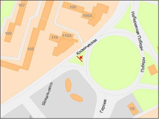 Схема рекламной плоскости по адресу Набережна Перемоги - розподілювач, з центру/Набережная Победы - ул.Космическая, разделитель, из центра, бэк-лайт 8х4