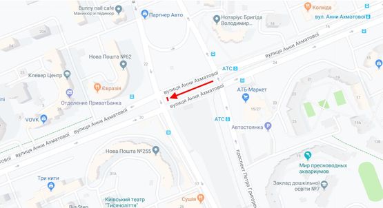 Схема рекламной плоскости по адресу Ахматової вул. на розподільчій смузі / Григоренка пр. у напрямку Дніпровської набережної