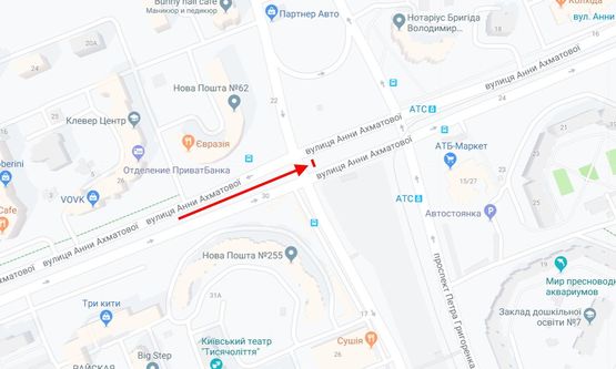 Схема рекламной плоскости по адресу Ахматової вул. на розподільчій смузі / Григоренка пр. у напрямку вул. Тростянецька