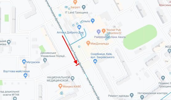 Схема рекламної площини за адресою Драйзера Теодора вул., 7 у напрямку вул. Закревського