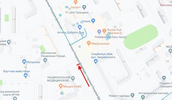 Схема рекламної площини за адресою Драйзера Теодора вул., 7 у напрямку вул. Маяковського