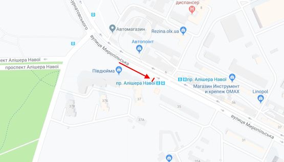 Схема рекламної площини за адресою Миропільська вул., 37 поруч будівельний ринок Юність
