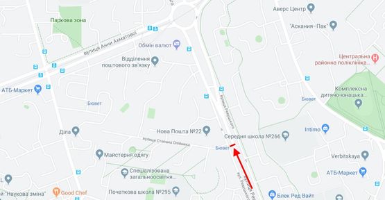 Схема рекламной плоскости по адресу Ревуцького вул., 30/1/вул. Олійника у напрямку вул. Ахматової