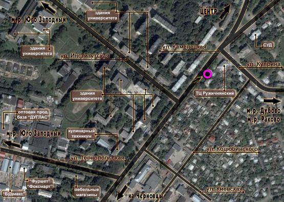 Схема рекламної площини за адресою ул. Каменецкая - ул. Куприна, Ружичнянский" универмаг, в центр"