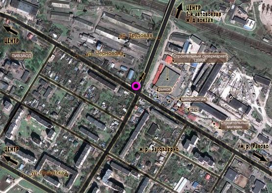 Схема рекламної площини за адресою вул.Трудова - вул.Чорновола, неподалік: будмаркет "ЦВЯХ", ринок, скупчення МАФів, зупинка (від центру) "A"