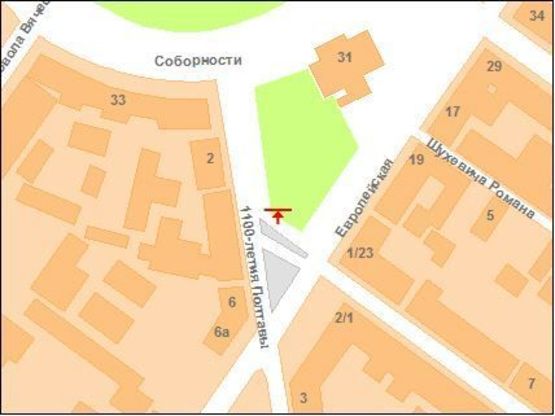 Схема рекламной плоскости по адресу 1100-річчя Полтави, вул. (вхід у сквер)