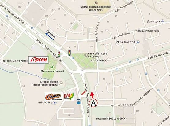 Схема рекламной плоскости по адресу Червоної Калини - Давидовича, (до Арсену) супермаркет ВАМ-СІЛЬПО