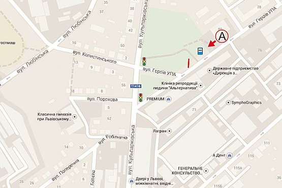 Схема рекламної площини за адресою Героїв УПА  80 СТ А ( салон меблів, Клуб Лерой)