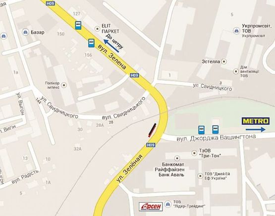 Схема рекламної площини за адресою Зелена - вул. Дж. Вашінгтона,  нижній