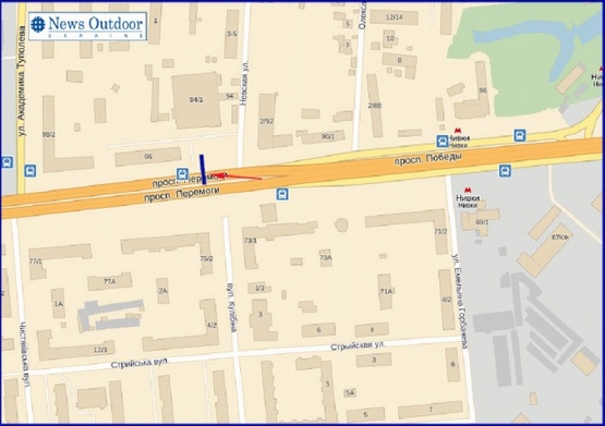Схема рекламной плоскости по адресу Победы пр-т 94/1, возле супермаркета Фуршет, из центра