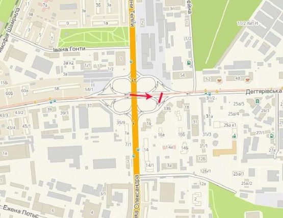 Схема рекламної площини за адресою Дегтяревская ул., возле ул.Довженко, развязка, в центр