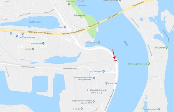 Схема рекламної площини за адресою Набережно-Рыбальская ул., 100 м перед железнодорожным мостом