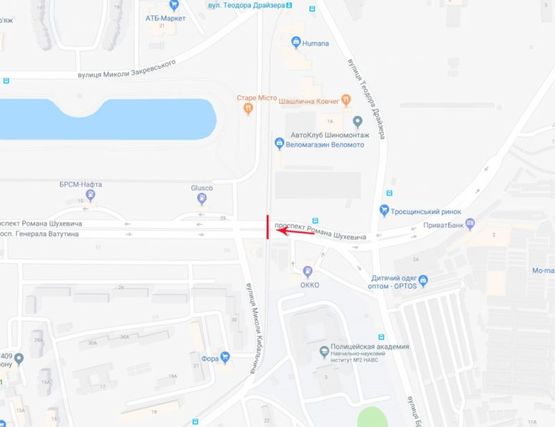 Схема рекламної площини за адресою Путепровод трамвайный через Ватутина пр-т на пересечении  Кибальчича ул. и Закревского, к центру (справа)