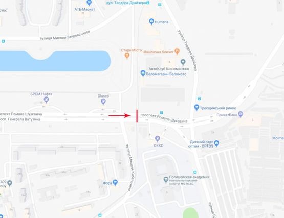 Схема рекламної площини за адресою Путепровод трамвайный через Ватутина пр-т на пересечении  Кибальчича ул. и Закревского, от центра (слева)