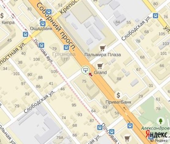 Схема рекламної площини за адресою Соборный пр.,75 ЦЕНТРАЛЬНАЯ ЗОНА.Напротив ТЦ "Grand"