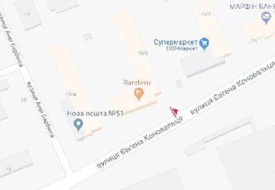 Схема рекламной плоскости по адресу Коновальца ул., 15 (бывш. Щорса ул.) - Анри Барбюса ул. (BackLit)