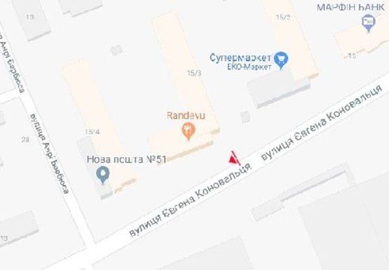 Схема рекламной плоскости по адресу Коновальца ул., 15 (бывш. Щорса ул.) - Анри Барбюса ул. (BackLit)