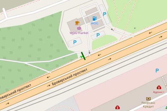 Схема рекламной плоскости по адресу Броварський просп., буд. 11 виїзд з заправки "WOG"