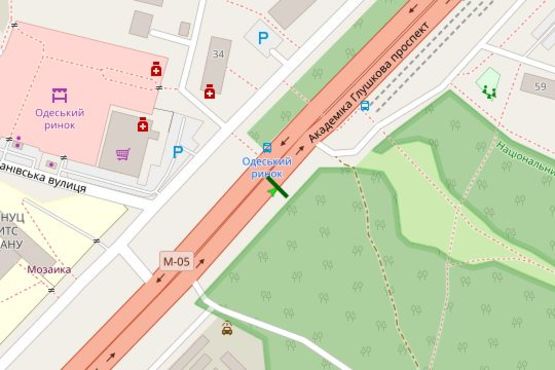 Схема рекламної площини за адресою Академіка Глушкова просп., в'їзд в київ напроти Одеського ринку