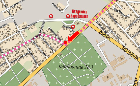 Схема рекламної площини за адресою Павлова ул. / Тюринская ул. (бывш. Якира ул.), флажок, со стороны рынка "Барабашова", в центр