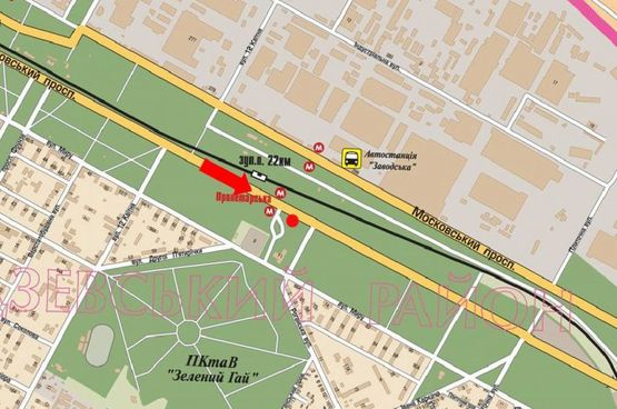 Схема рекламної площини за адресою Московский пр., ст. м. "Индустриальная" (бывш. ст. м. "Пролетарская"), супермаркет "Восторг", из центра