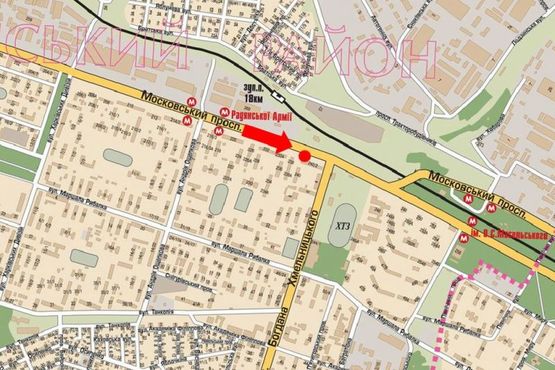 Схема рекламної площини за адресою Московский пр., 242/2 / Хмельницкого бул., возле стадиона «ХТЗ», из центра