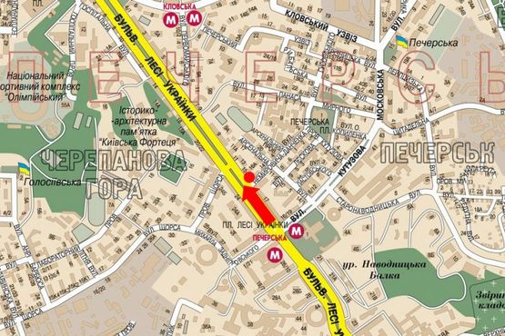 Схема рекламної площини за адресою Украинки бул., 15 / Немировича-Данченка ул., возле магазинов "Интертоп", "Миратон"